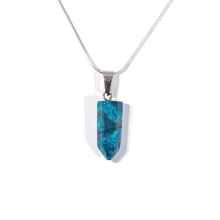 Natural Blue Agate necklace head on with bullet pendant and silver tone stainless steel chain.