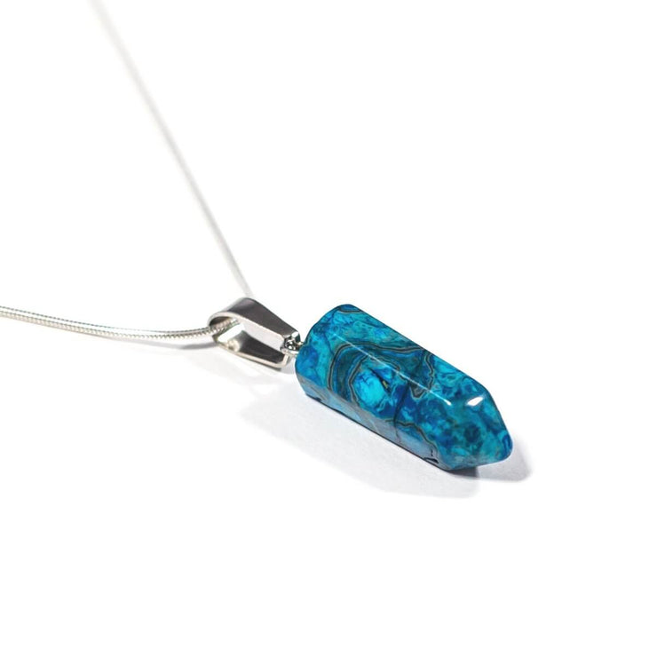 Calming Blue Agate bullet crystal pendant complete with chain.