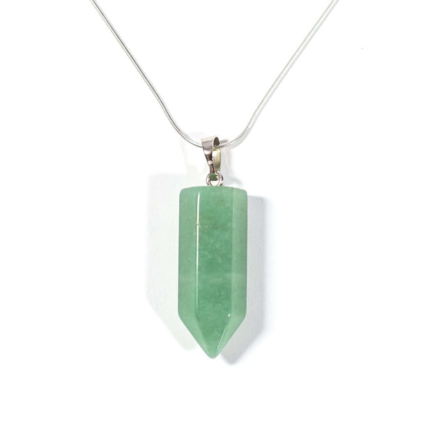 Head on view of all round healing stone Green Aventurine Natural crystal  bullet point pendant  with quality stainless steel snake chain.