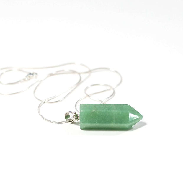 Side view of Green Aventurine Bullet point pendant with silver tone chain.