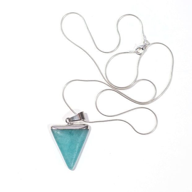 Master soothing crystal Amazonite triangle pendant, green in colour with stainless steel snake chain.