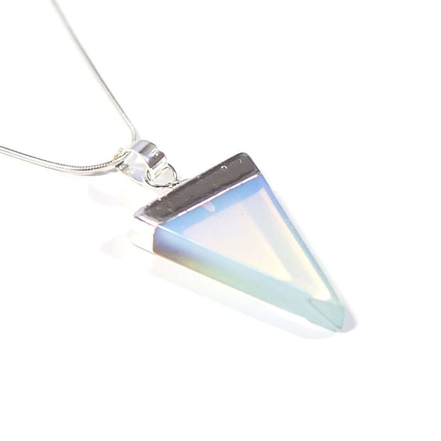 Natural Opal Crystal Triangle pendant with stainless steel snake chain.