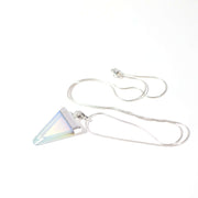 Full view of opal crystal triangular pendant with stainless steel snake chain.