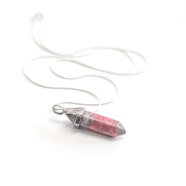 Full stainless steel snake chain with pink and grey rhondonite crystal pendant