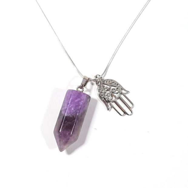 Head on view of Ameythyst bullet point pendant with sterling silver Hamsa hand charm and stainless steel chain.