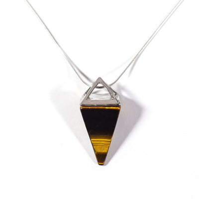 Head on view of Tiger's Eye crystal pyramid pendant and chain.