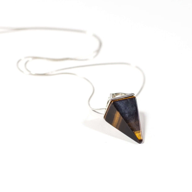 Gold and brown tigers eye pyramid pendant with stainless steel snake chain.