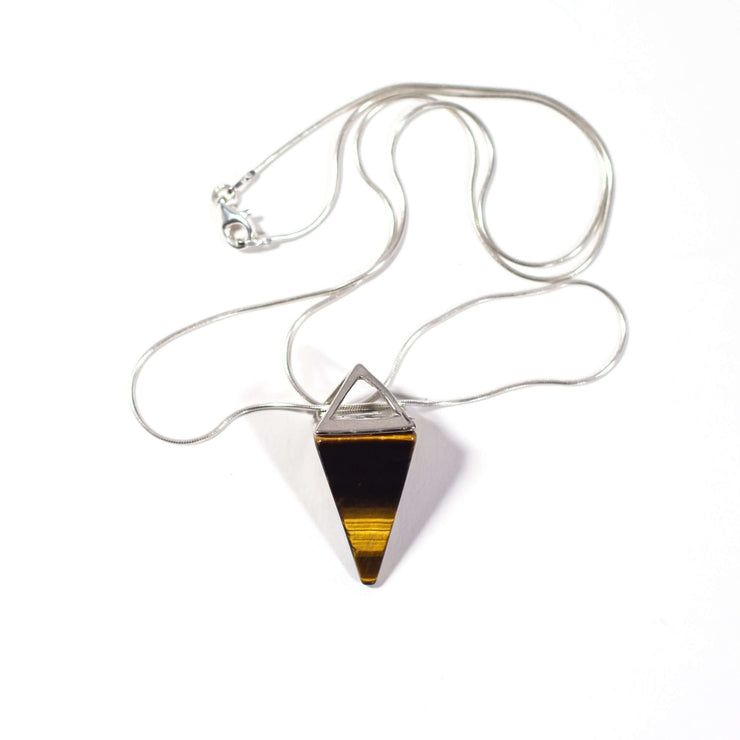 Head on view of anti anxiety crystal tigers eye pyramid with high quality snake chain.