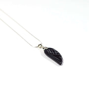 Natural Black agate crystal pendant with silver tone snake chain.