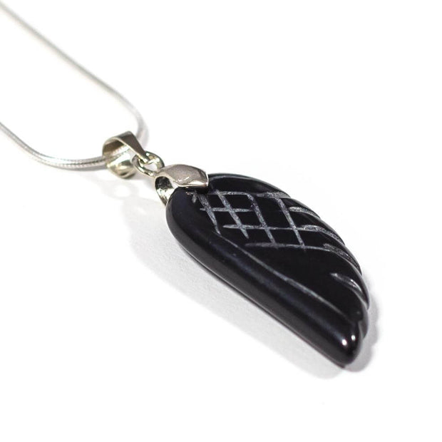 Close up of Black agate angel wing pendant with stainless steel snake chain.