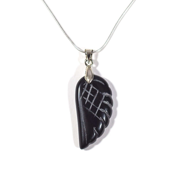 Natural crystal Black Agate Angel wing pendant with stainless steel snake chain.
