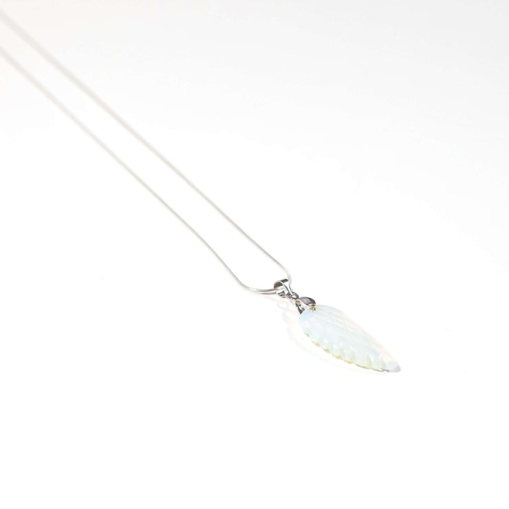 Natural communication crystal opal angel wing pendant with snake chain. 