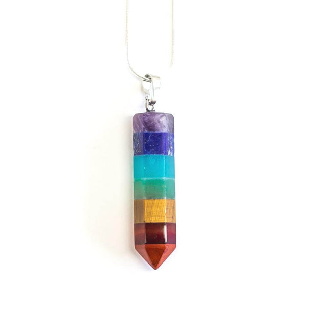 Head on view of colourful Rainbow Chakra point pendant necklace with silver tone stainless steel snake chain.