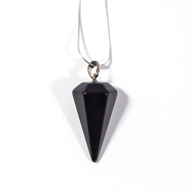 Head on view of Black Agate crystal cone pendant with high quality stainless steel  snake chain.