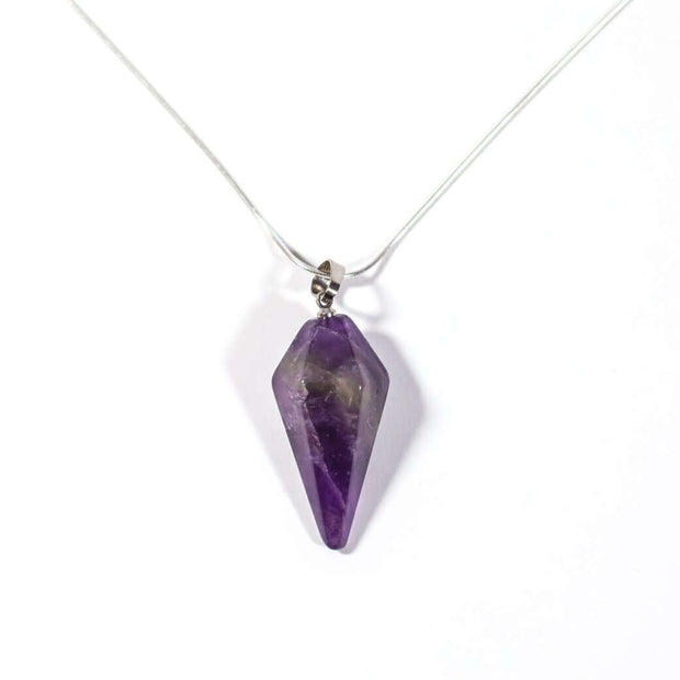 Head on view of Amethyst oval pendulum necklace with silver tone snake chain.