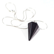 Front view of Black Agate cone crystal grounding pendant with stainless steel chain.