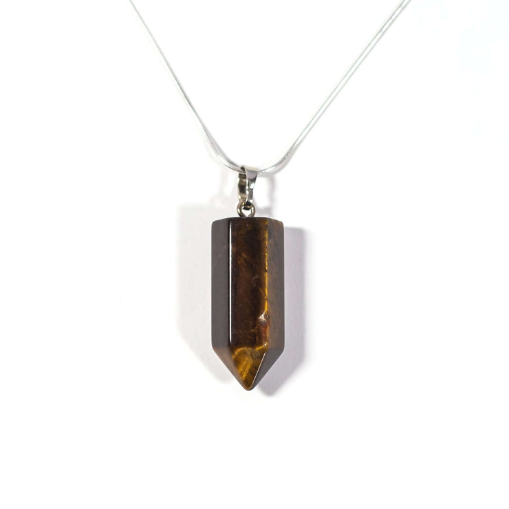 Head on view of natural crystal Tiger's eye bullet point pendant with stainless steel snake chain.