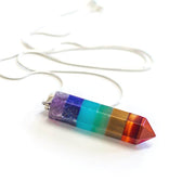 Natural Crystal Rainbow chakra point pendant with Stainless steel snake chain.