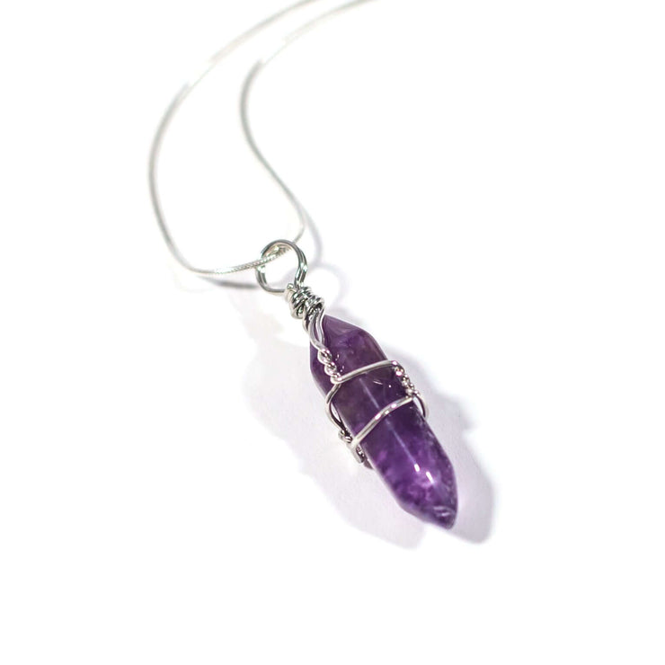 relaxation crystal Amethyst wrapped bullet pendant with snake chain.