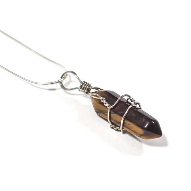 Tiger's eye wrapped bullet point pendant with snake chain.