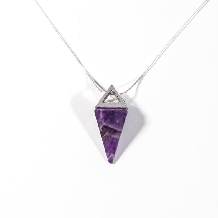 Head on view of amethyst pyramid necklace with snake chain.