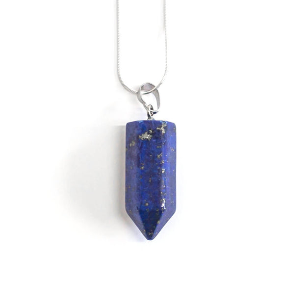Blue Lapis Lazuli Bullet point pendant necklace with stainless steel snake chain.
