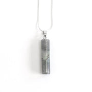 Head on view of Natural Gemstone Labradorite Column pendant necklace with silver tone stainless steel snake chain