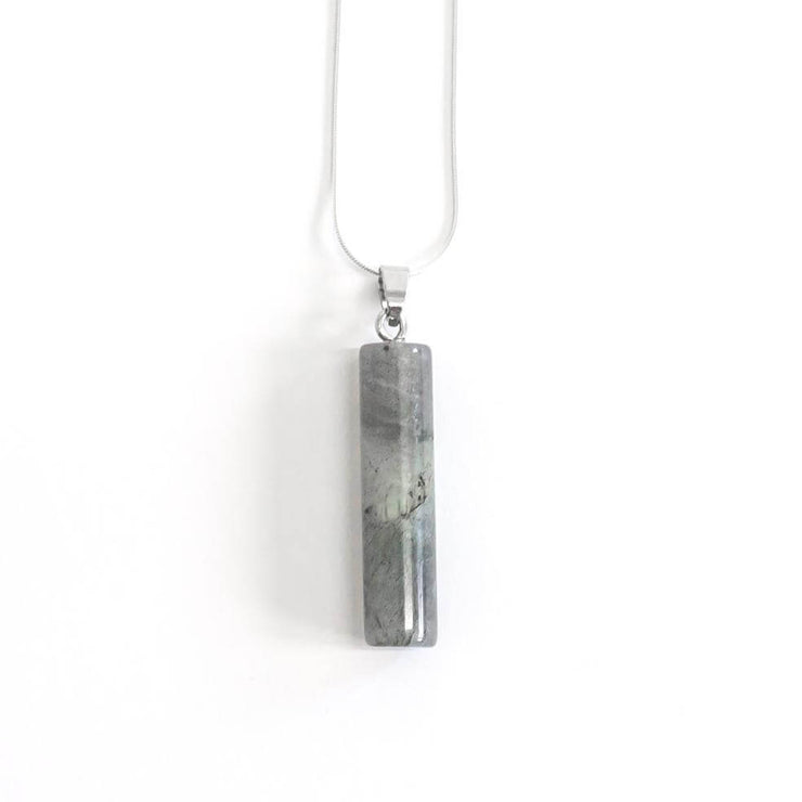 Head on view of Natural Gemstone Labradorite Column pendant necklace with silver tone stainless steel snake chain
