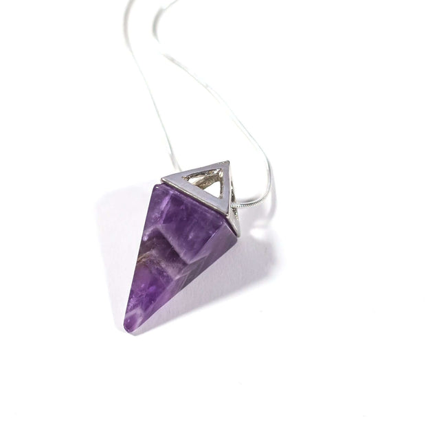 Natural amethyst crystal pyramid pendant with  stainless steel snake chain.