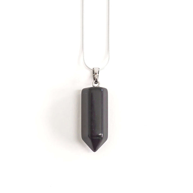 Head on view of natural crystal Black Obsidian bullet point pendant with high quality stainless steel snake chain.