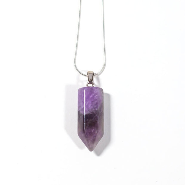 Head on view of Relaxing and calm amethyst bullet pendant and chain.