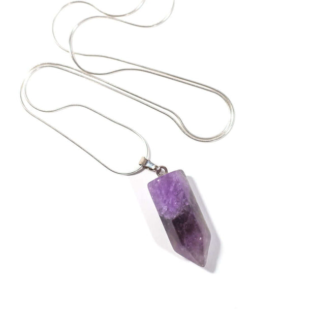 Relaxing Amethyst crystal necklace with high quality stainless steel snake chain.