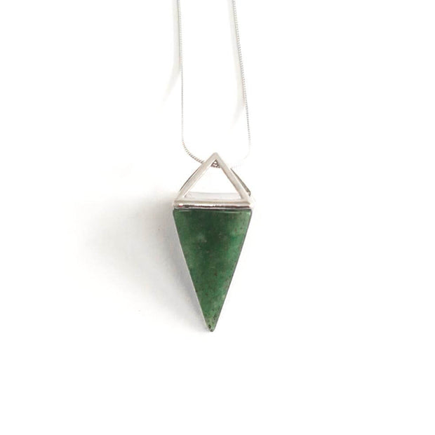 Head on view of Green aventurine pyramid necklace with silver tone snake chain.