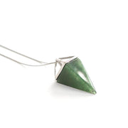Side view of  Green Aventurine natural crystal pyramid pendant with stainless steel snake chain.