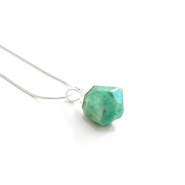 Natural crystal Amazonite faceted ball pendant with stainless steel snake chain.