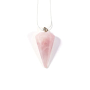 Head on view of Love and compassion crystal Rose quartz cone pendant.