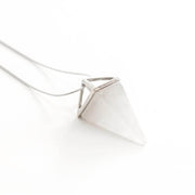 Healing Crystal - Clear Quartz Pyramid pendant with high quality silver tone stainless steel snake chain.