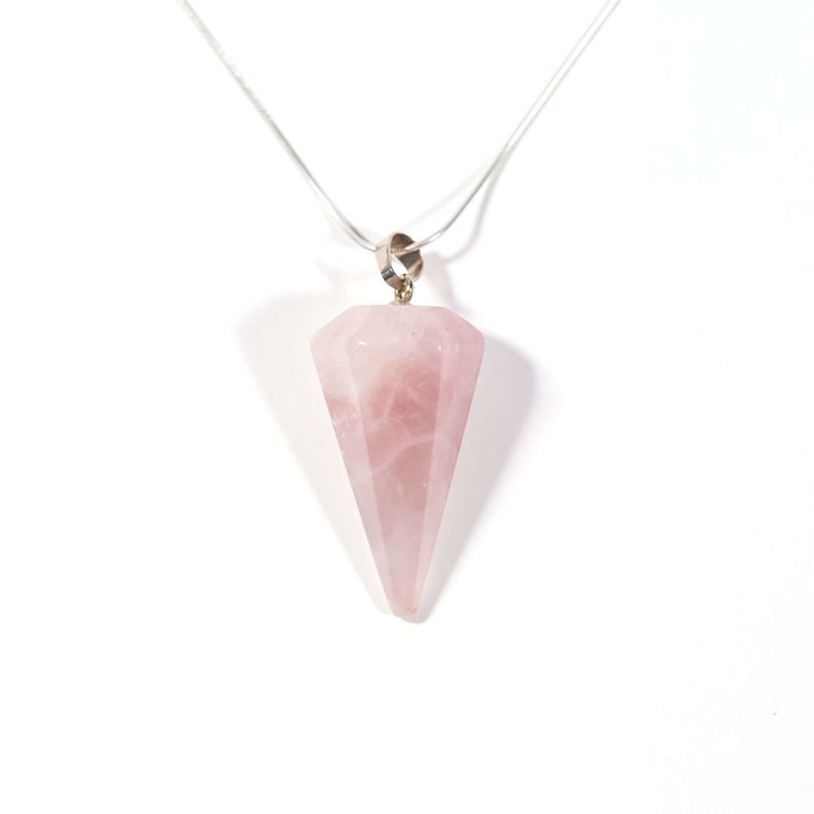 Head on view of rose quartz cone necklace with chain.