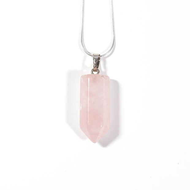 Head on view of Natural Rose Quartz crystal bullet pendant with high quality stainless steel snake chain.
