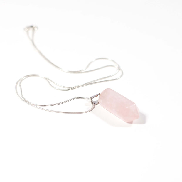 Rose quartz bullet point necklace with stainless steel snake chain.