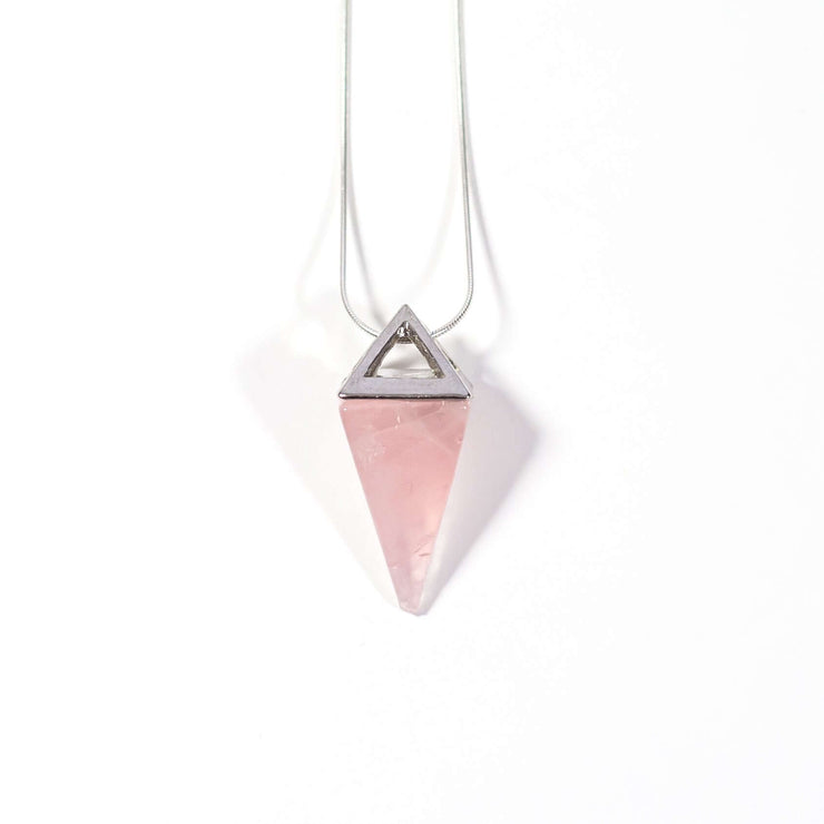 Rose Quartz Pyramid necklace with snake chain.