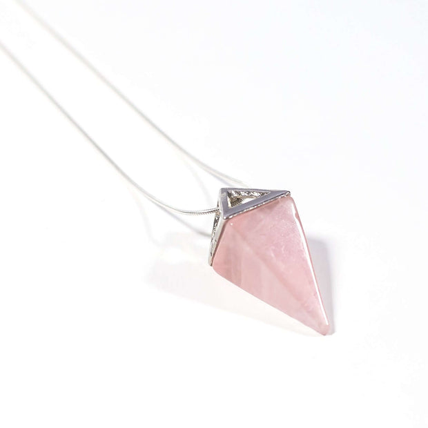 Natural Rose Quartz pyramid pendant with stainless steel snake chain.