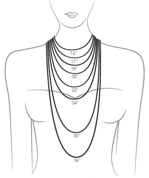 Model displaying various chain lengths available in inches around neck line