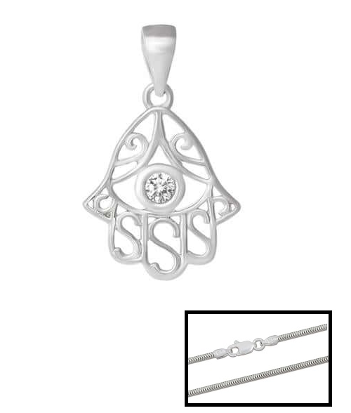 Sterling Silver CZ Hamsa Hand Pendant | Necklace