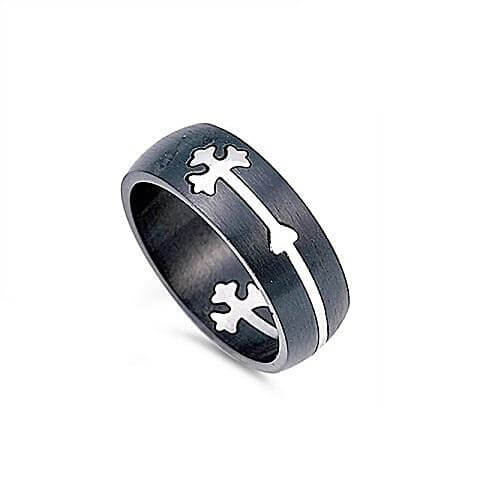 Side view of Black 316L Stainless steel men's band ring with silver tone cross.